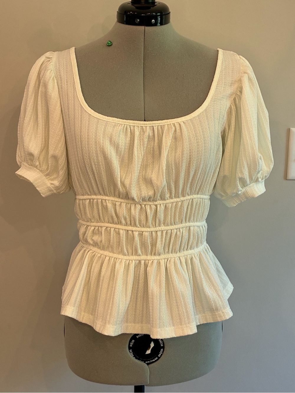 Anthropologie White Smocked Peplum Top Puff Sleeve Square Neck Cottagecore 0227